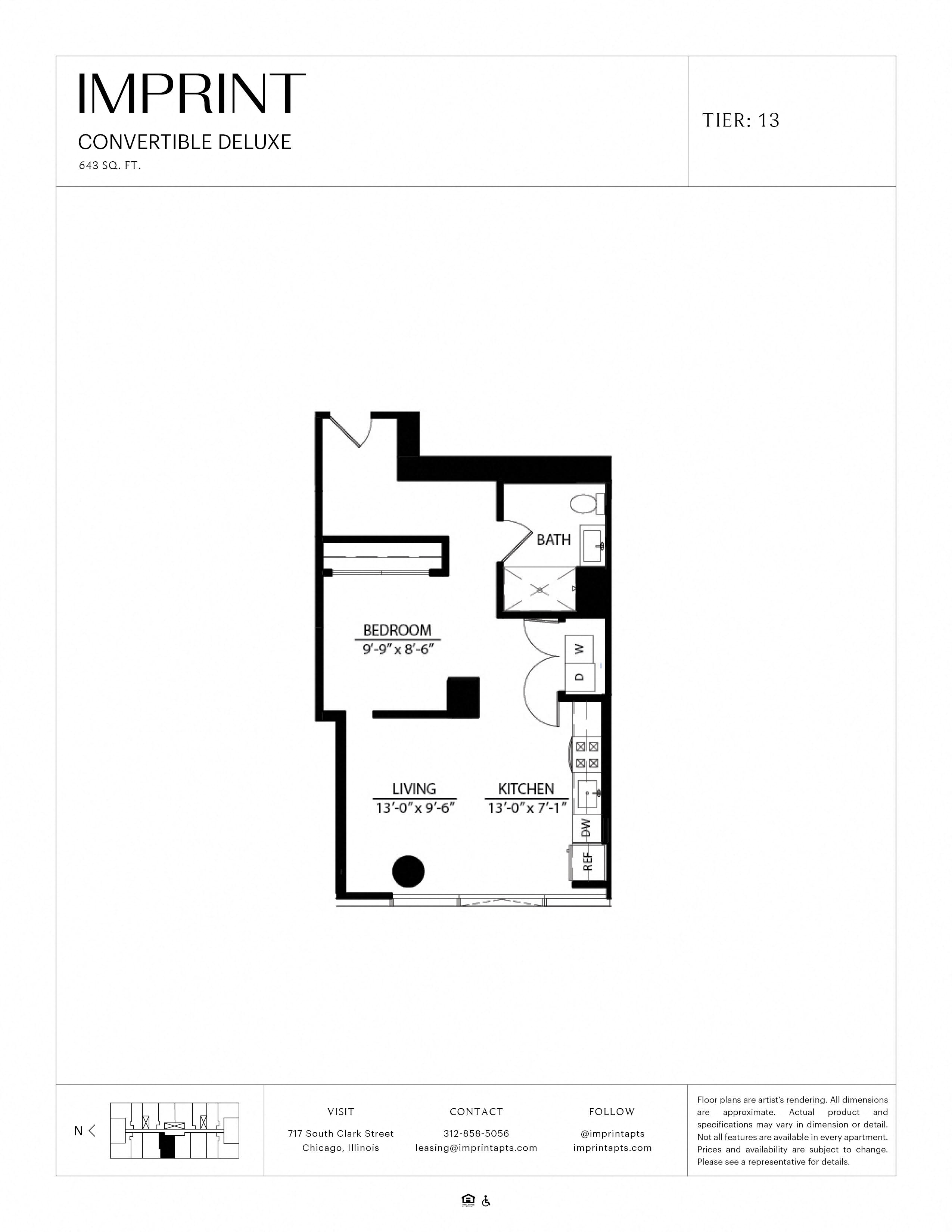 Floor plan for studio, 1 bath, 643 sqft